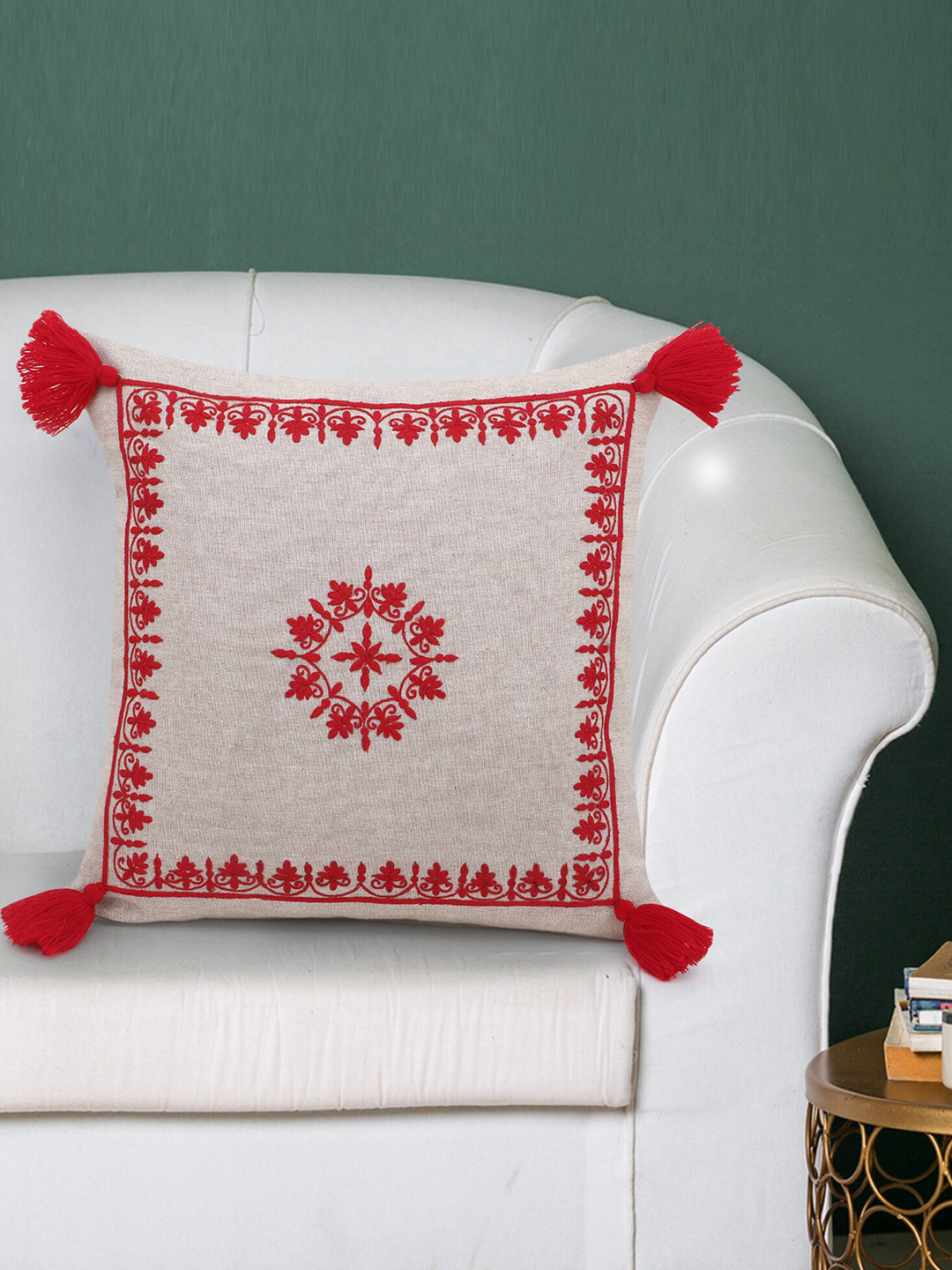 Mezposh Beige & Red Embroidered Cotton Chambray Square Cushion Covers