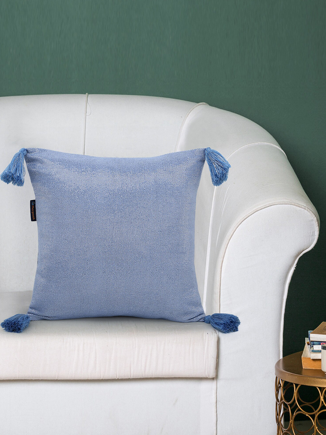 Mezposh Blue & Silver-Toned Cotton Lurex Self Design Square Cushion Covers