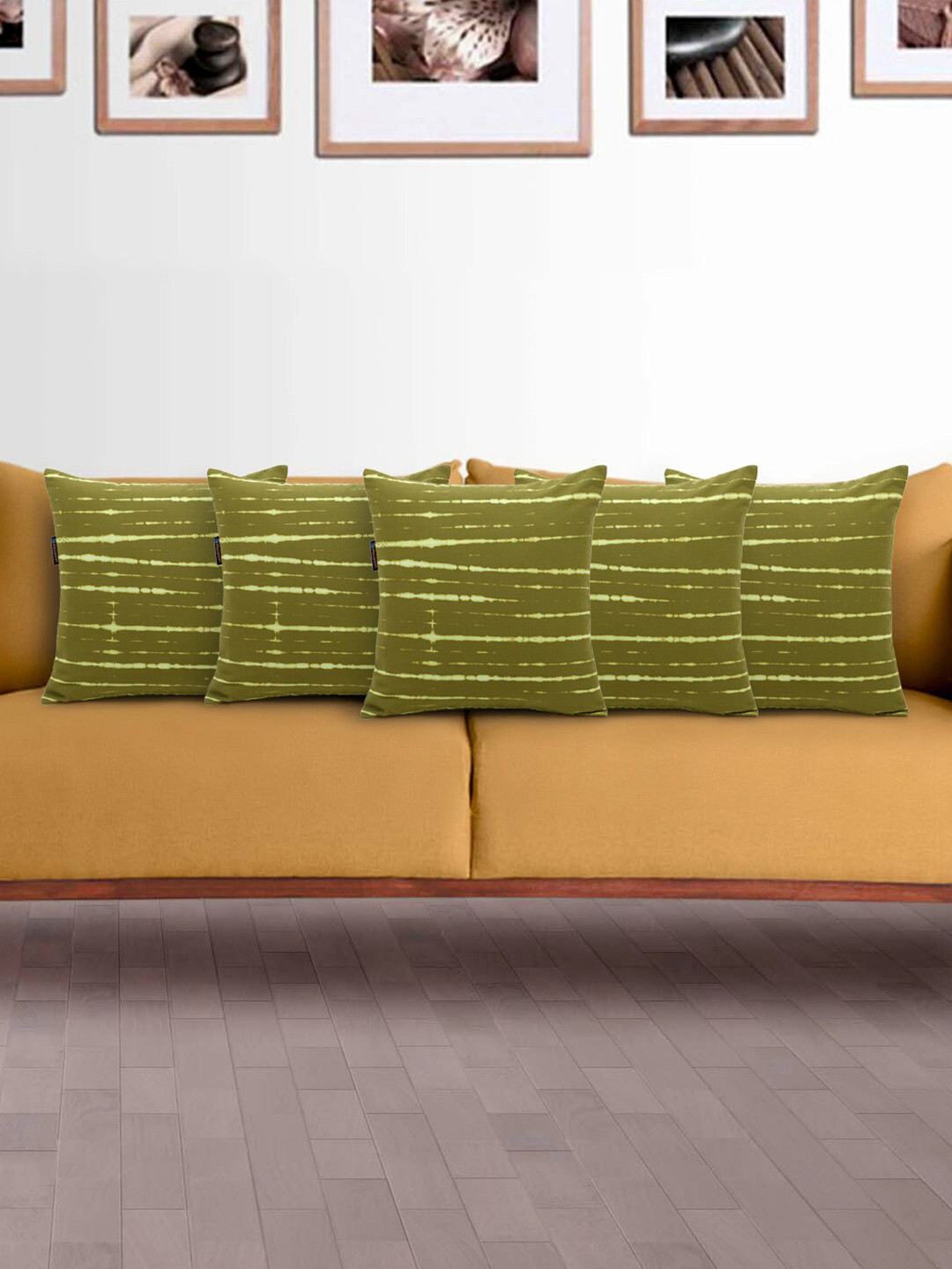 Mezposh Green Striped Cotton Lightweight 5 Square Cushion Covers -15.7x15.7In