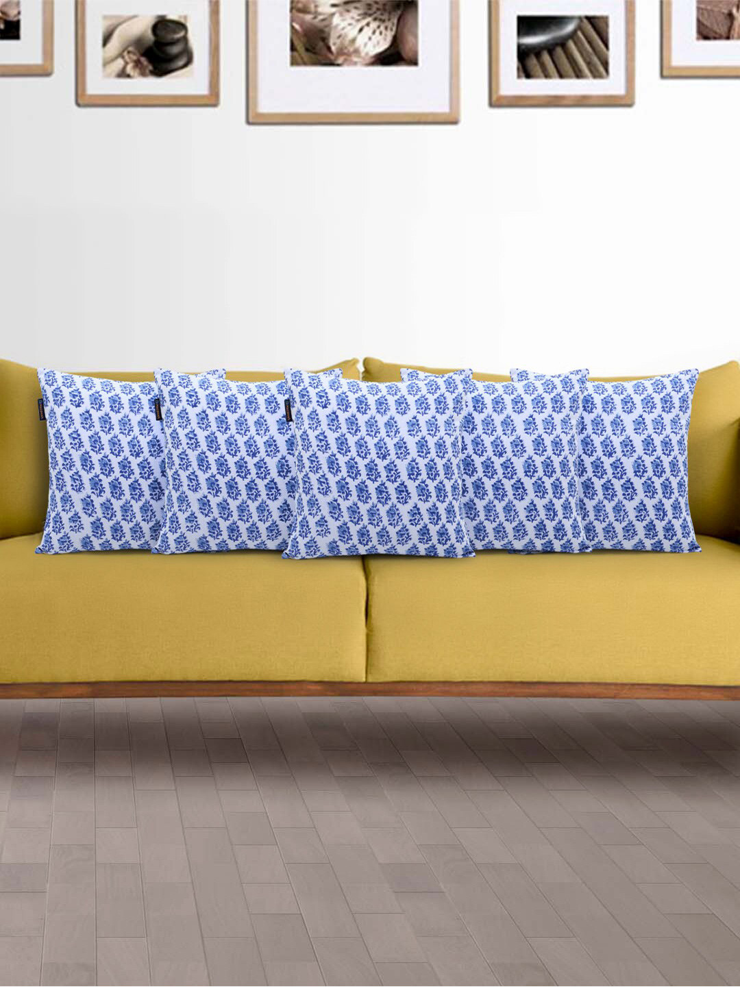 Mezposh Set Of 5 Blue & White Floral Block Printed Cotton Square Cushion Covers