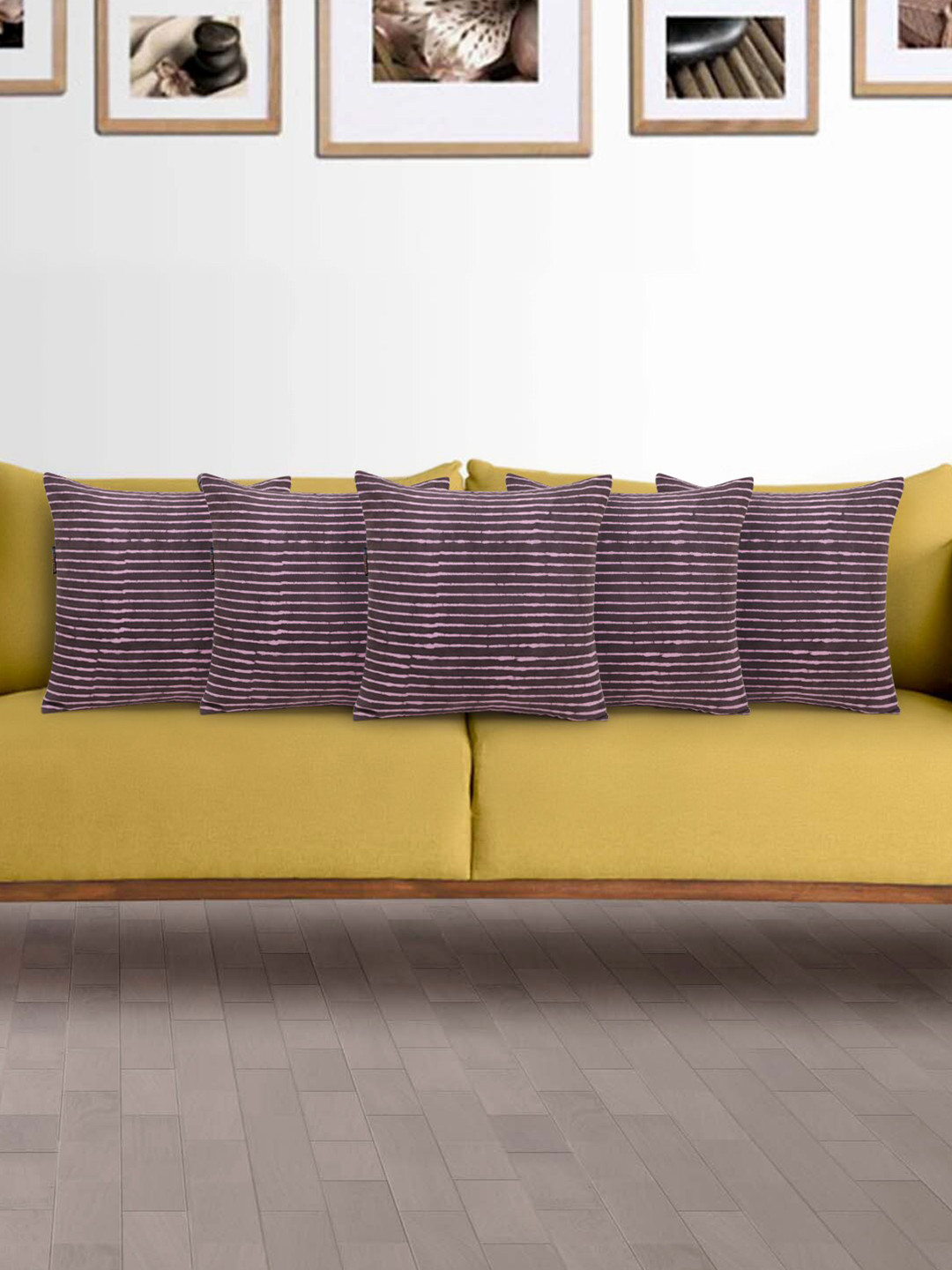 Mezposh Set Of 5 Brown & Pink Striped Block Printed Cotton Square Cushion Covers
