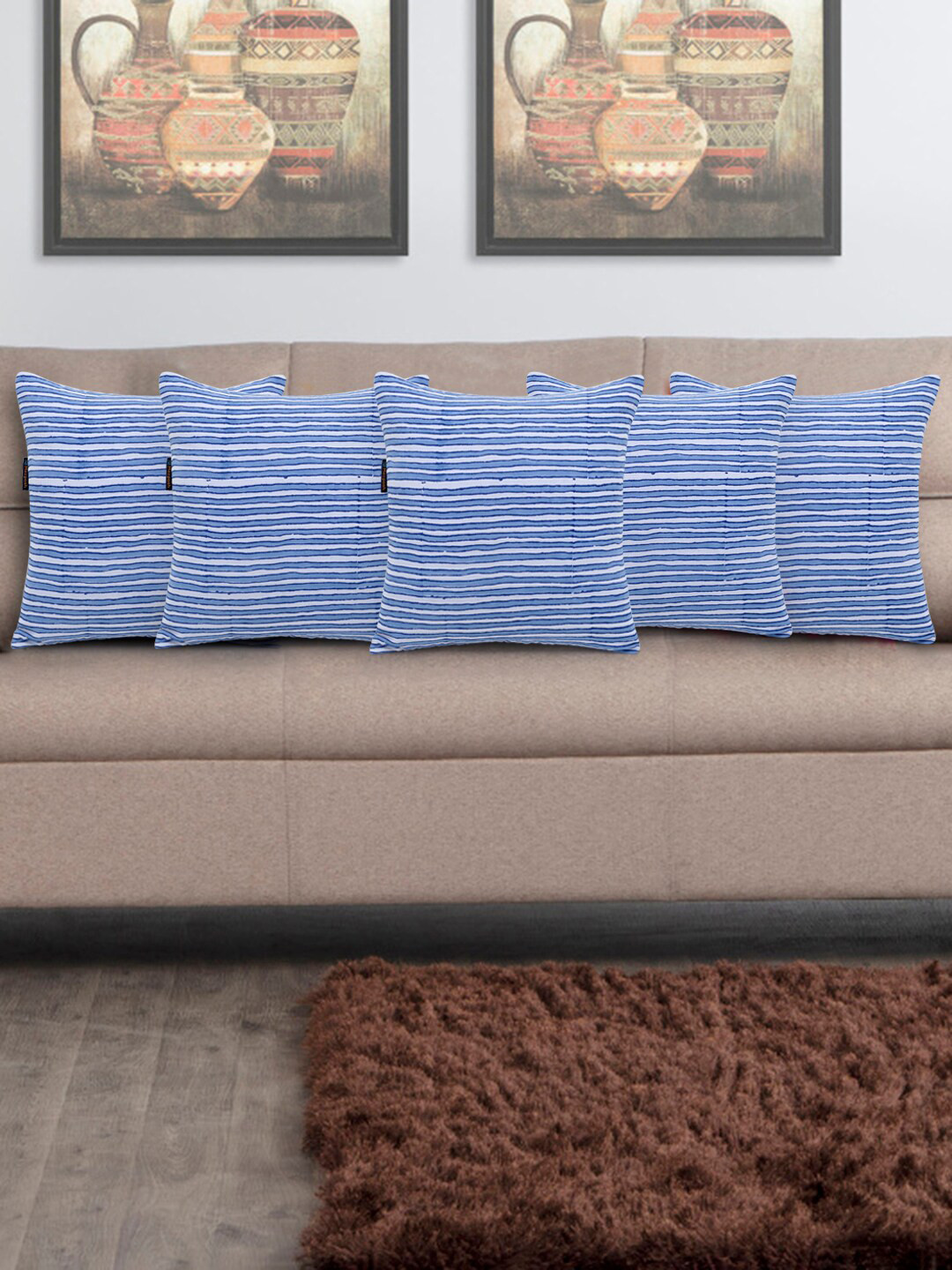 Mezposh Blue Striped Cotton Lightweight 5 Piece Textured Square Cushion Covers -16x16In