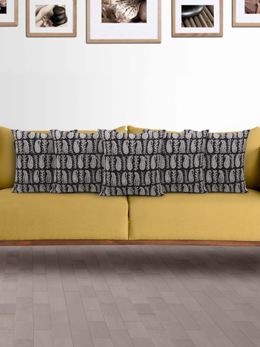 Mezposh Set Of 5 Black & Cream-Coloured Block Printed Cotton Square Cushion Covers