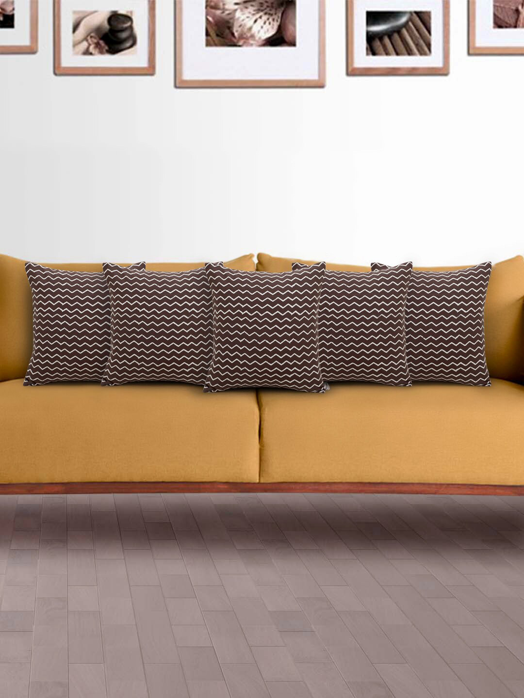 Mezposh Block Print Brown Chevron Cotton 5 Pcs Embroidered Square Cushion Covers -16x16In