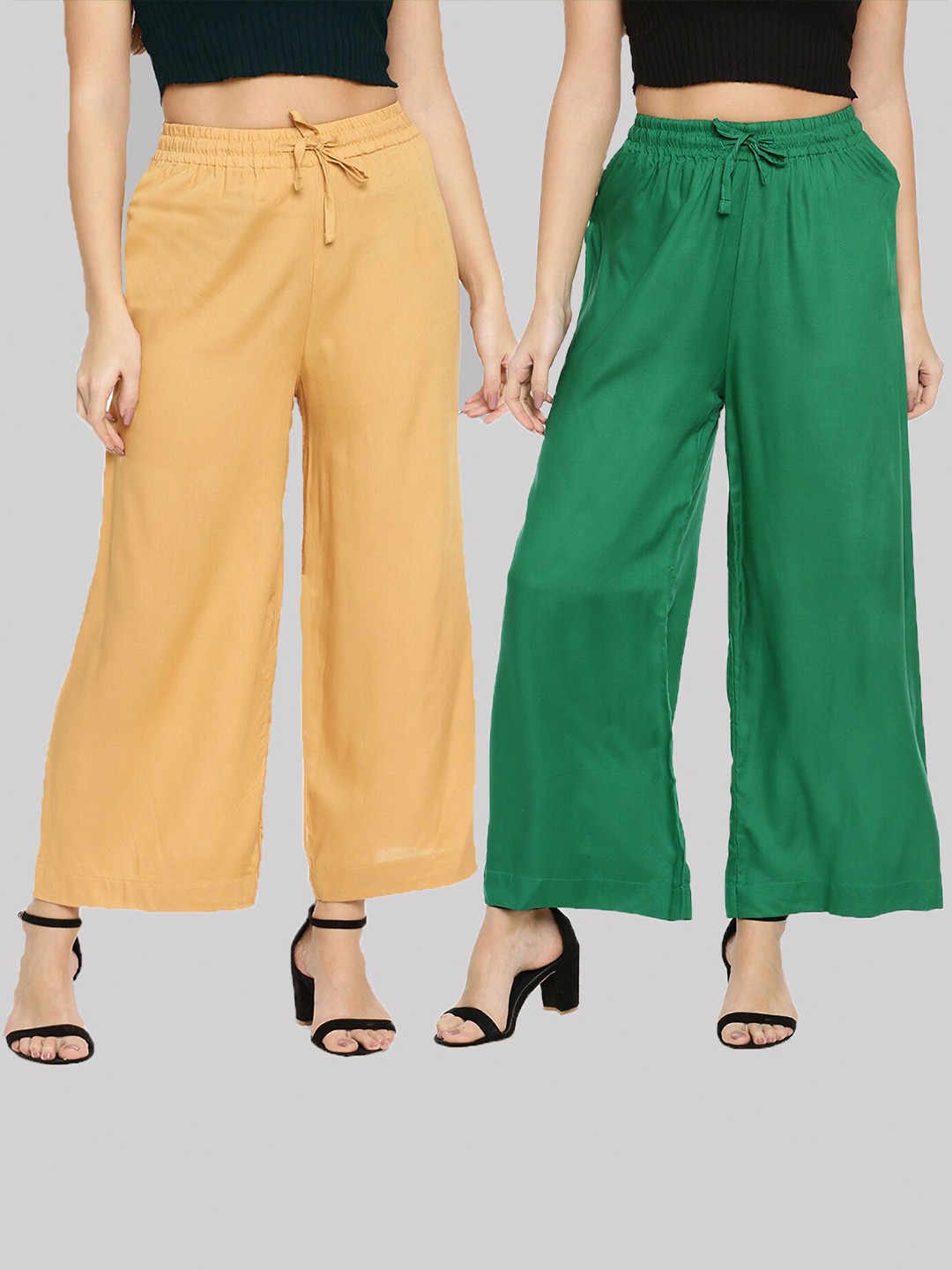 TWIN BIRDS Women Mustard Yellow & Green Pack of 2 Palazzos