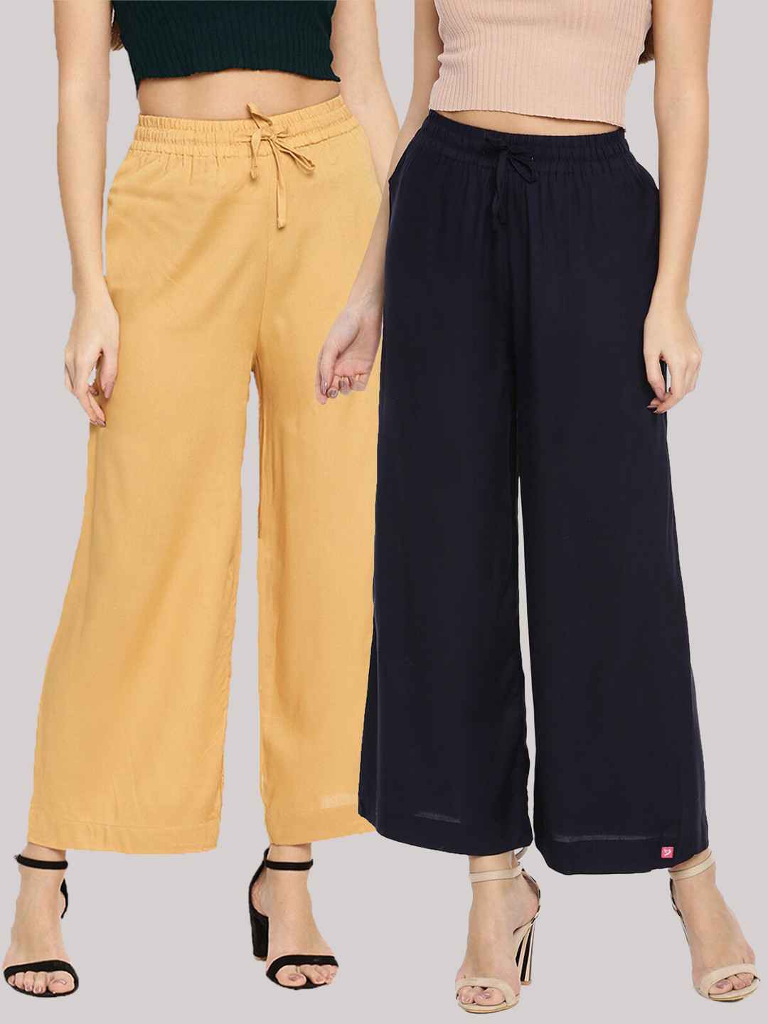 TWIN BIRDS Women Mustard Yellow & Navy Blue Set Of 2 Wide Leg Knitted Palazzos
