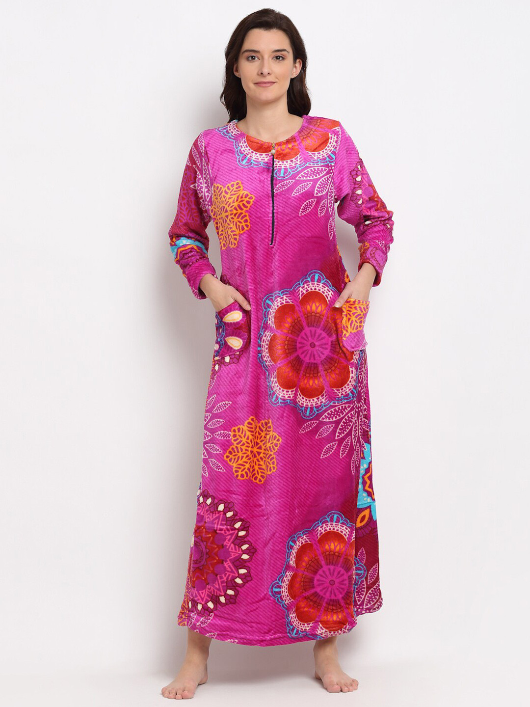 NEUDIS Women Pink Printed Maxi Fleece Nightdress