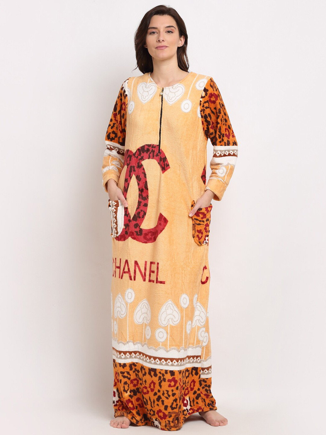 NEUDIS Yellow Printed Maxi Fleece Nightdress
