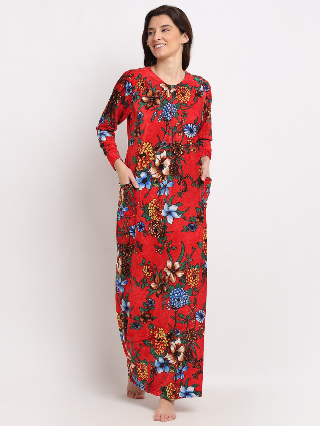 NEUDIS Women Red Floral Printed Fleece Night Gown