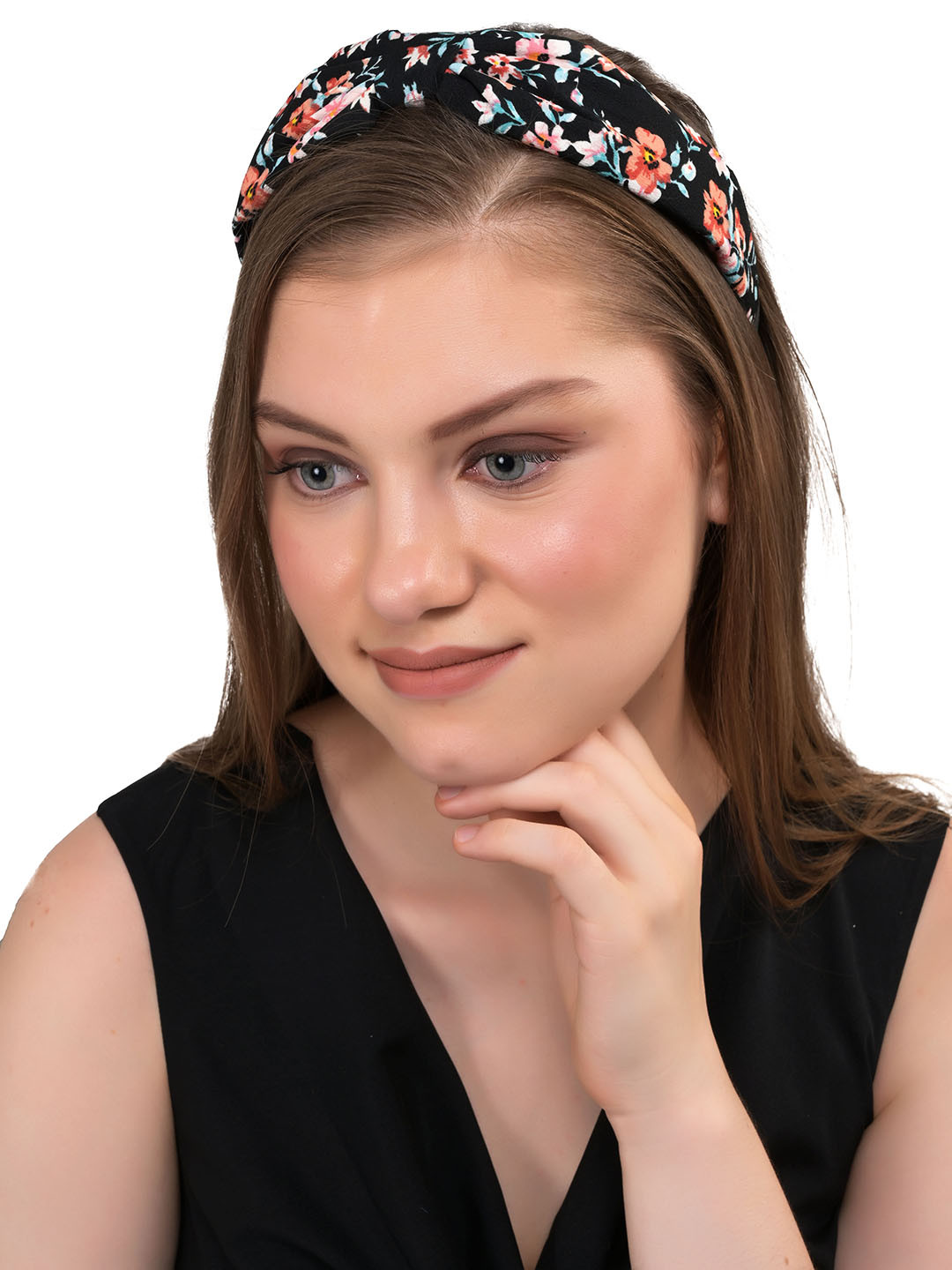 BuckleUp Women Black Floral Hairband with Knot Detail