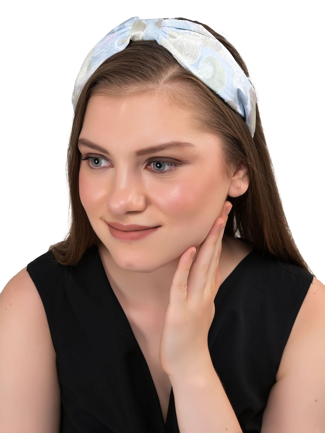 BuckleUp Women Blue & Grey Printed Lace Hairband With Knot Detail