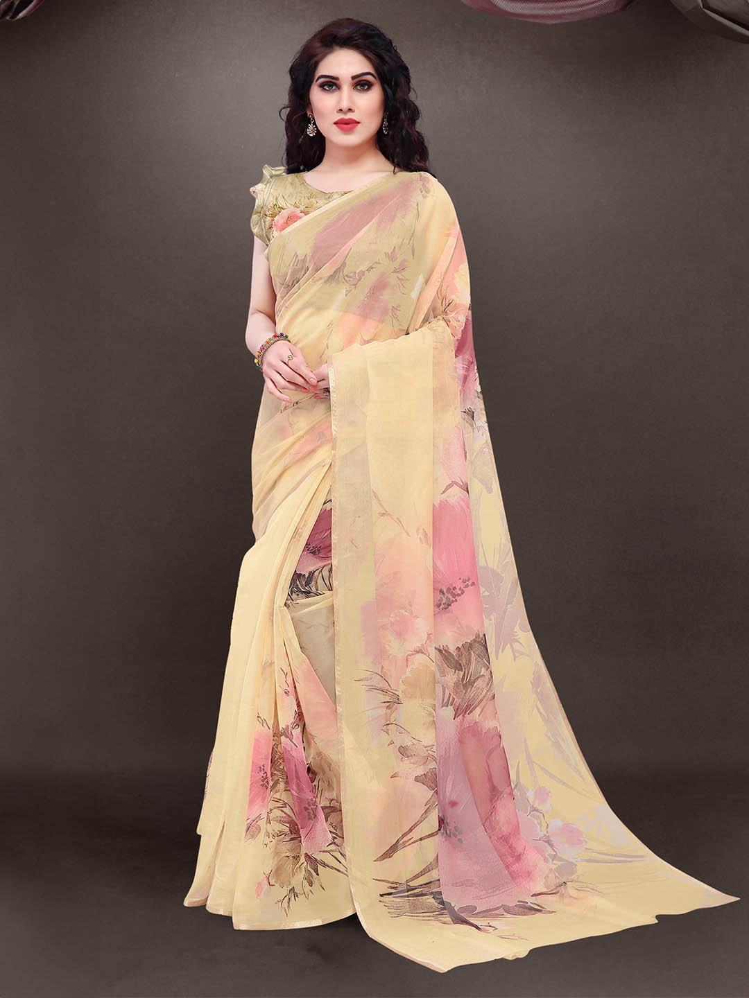 KALINI Beige & Peach-Coloured Floral Printed Zari Organza Bagh Saree