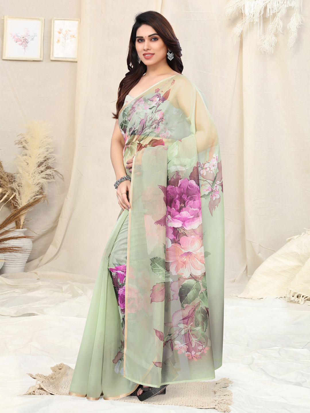 KALINI Green & Purple Floral Printed Zari Organza Bagh Saree
