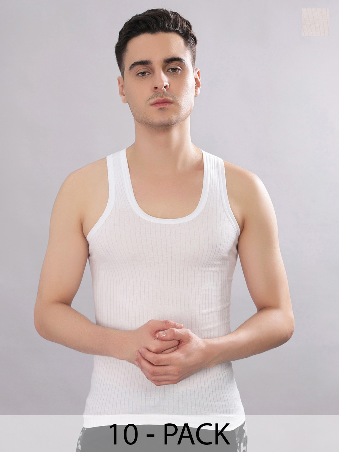 Dollar Bigboss Men Solid Pack of 10 White Cotton Magic Rib Regular Fit Casual Vest