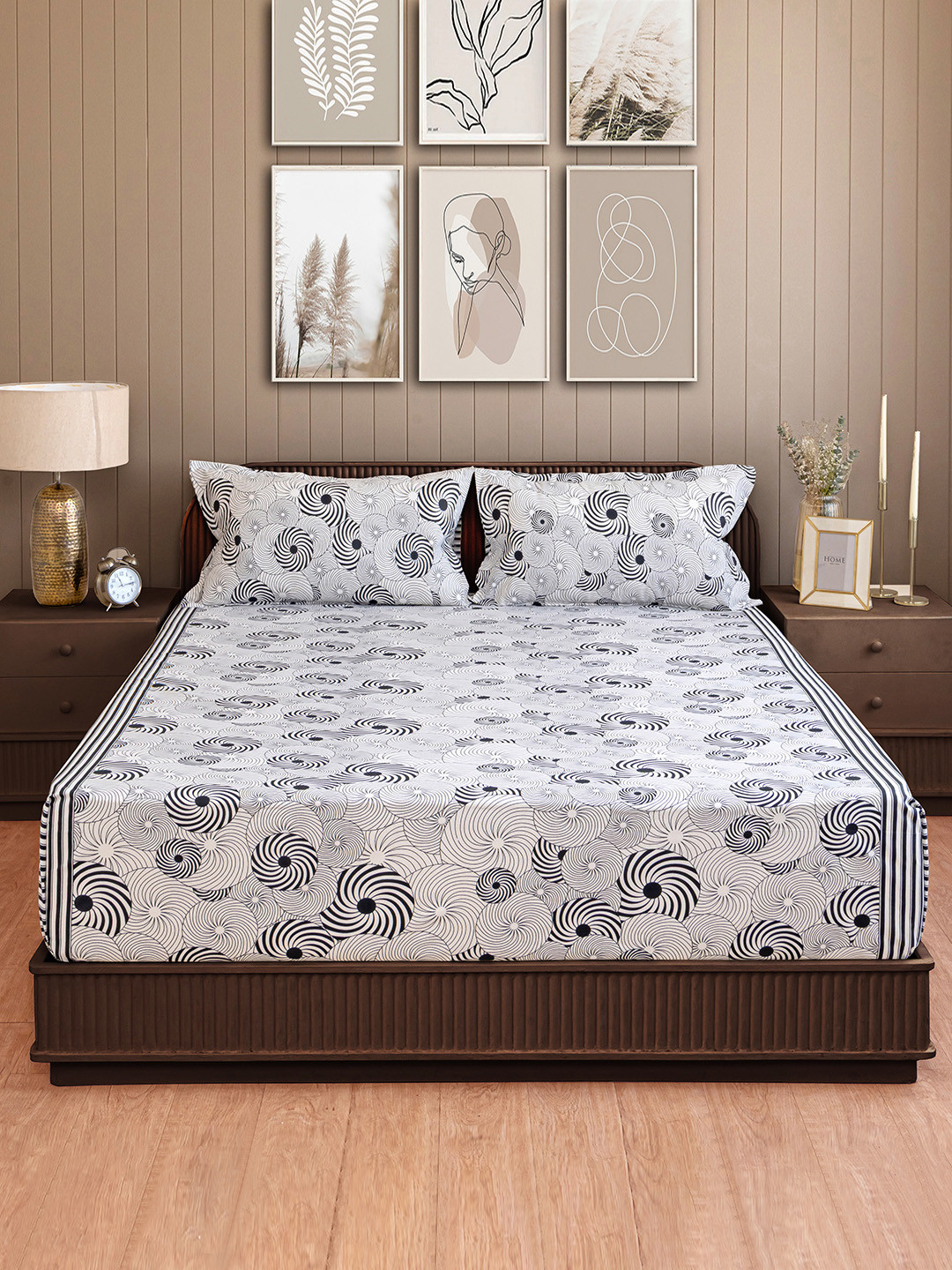 SWAYAM Amulya White Abstract Pure Cotton Skin-Friendly 160 TC King Bedsheet with 2 Pillow Covers-229 x 274 cm