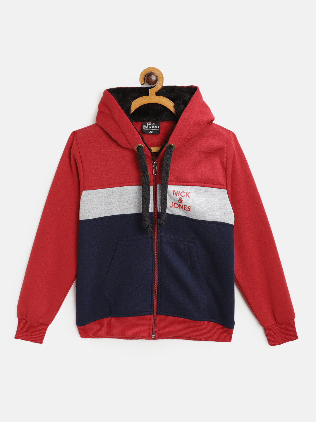 Nick and Jones Boys Navy Blue & Red Colourblocked Hooded Sweatshirt
