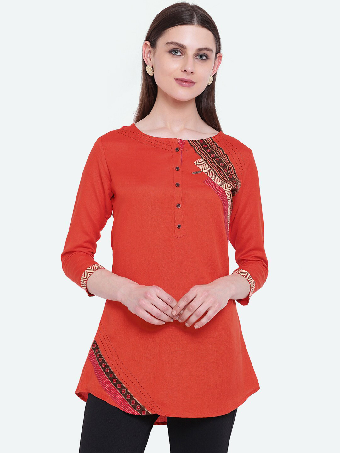 Kvsfab Women Orange & White Striped Tunic