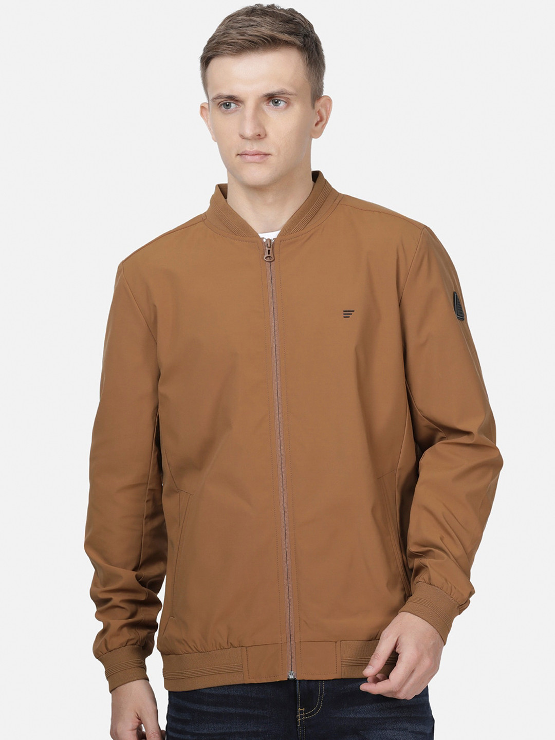 t-base Men Tan Geometric Lightweight Bomber Jacket