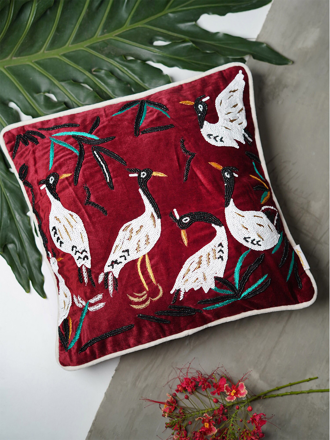 Folkstorys Maroon & White Flock Embroidered Velvet Square Cushion Covers