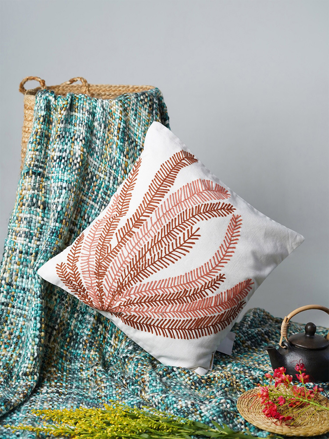 Folkstorys White & Red Fern Embroidered Square Cushion Covers