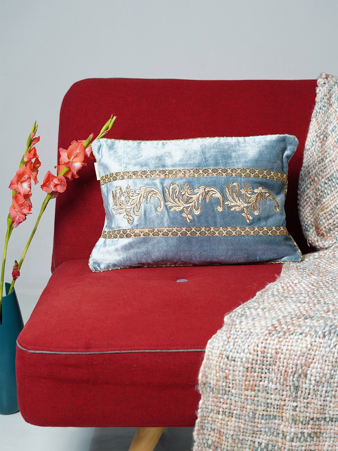 Folkstorys Blue & Gold Embroidered Velvet Rectangle Cushion Covers