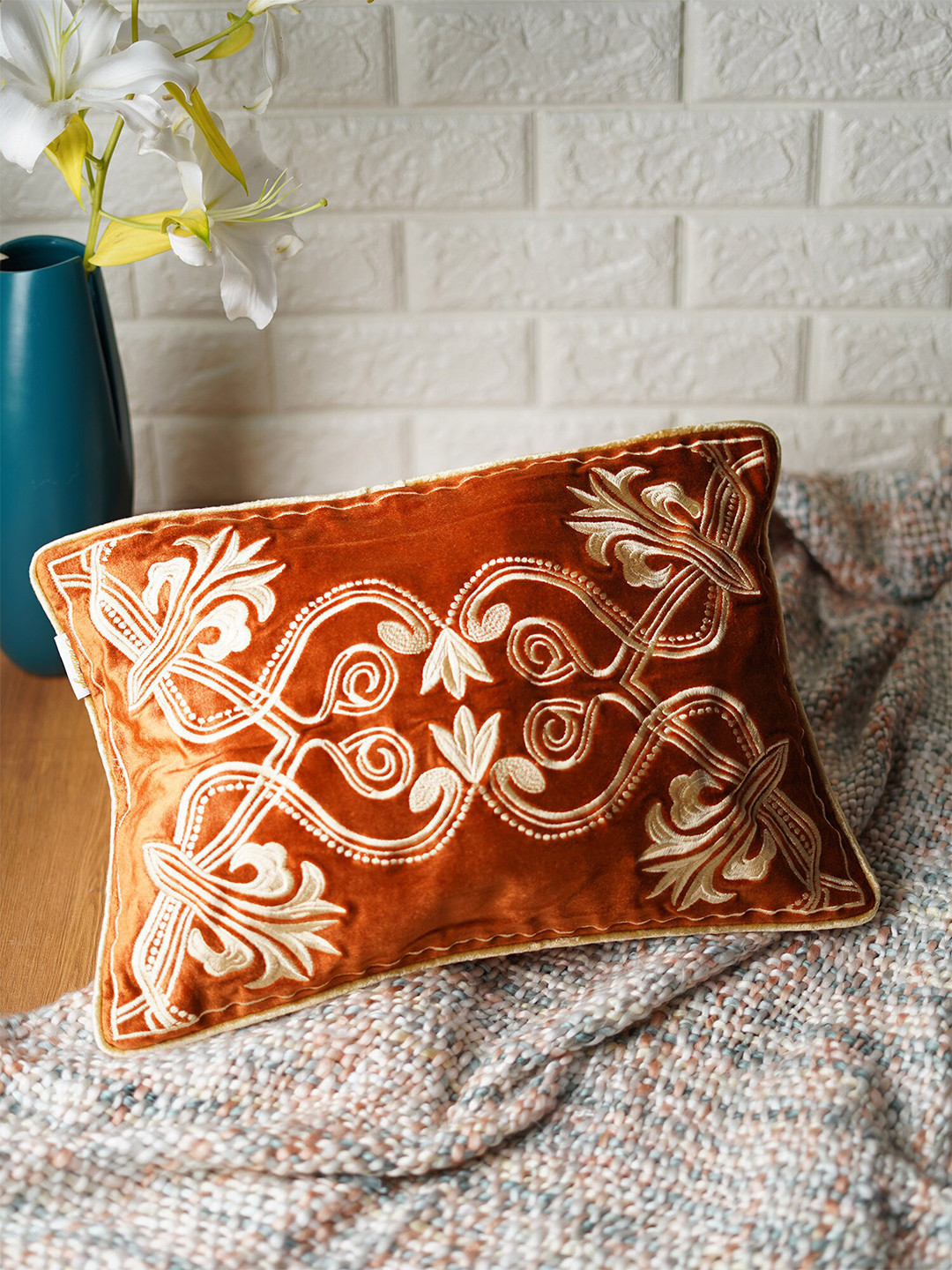 Folkstorys Rust Velvet Durable Embroidered Rectangle Cushion Cover -12x18In