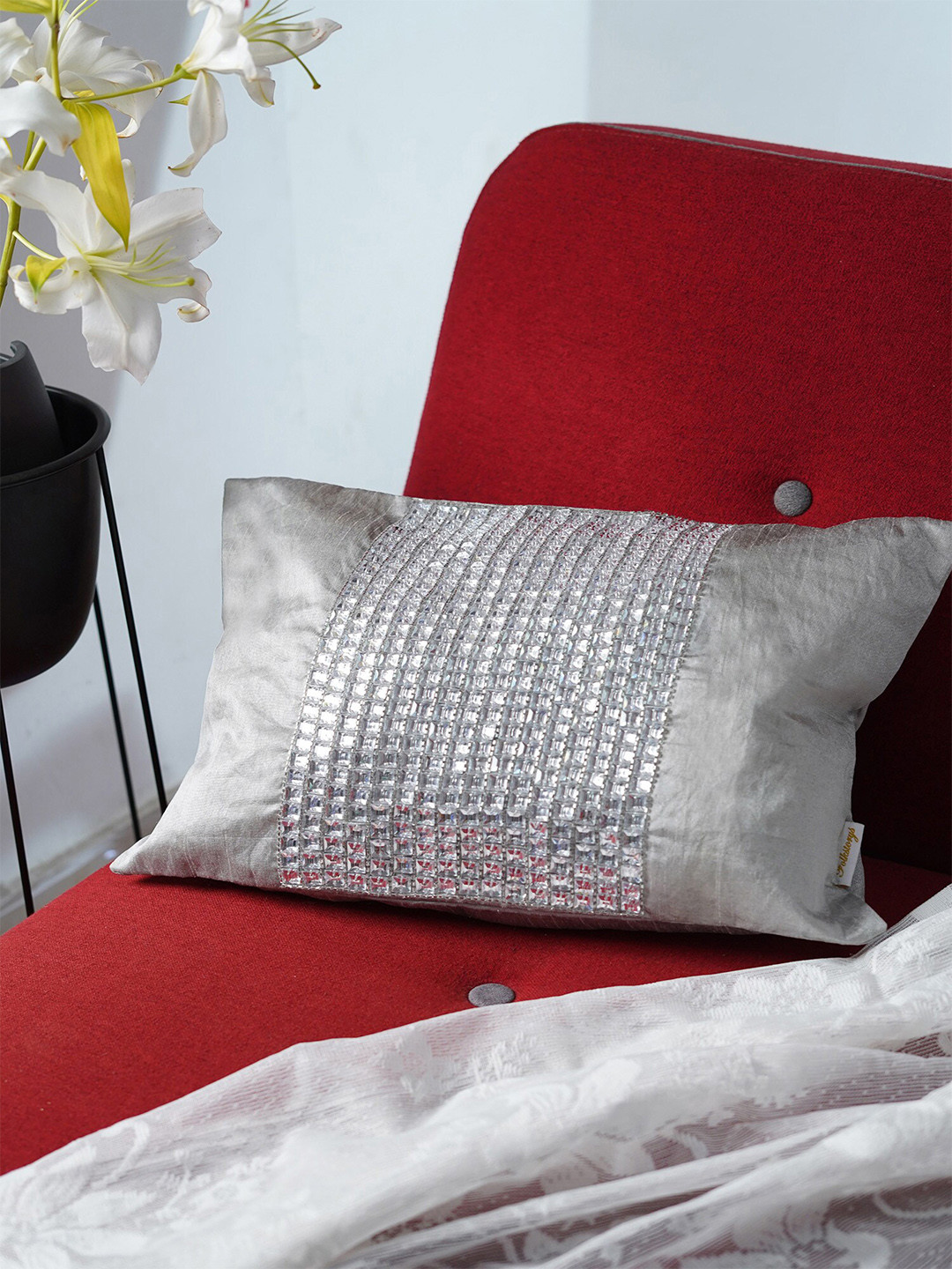 Folkstorys Silver-Toned Embellished Rectangle Cushion Covers