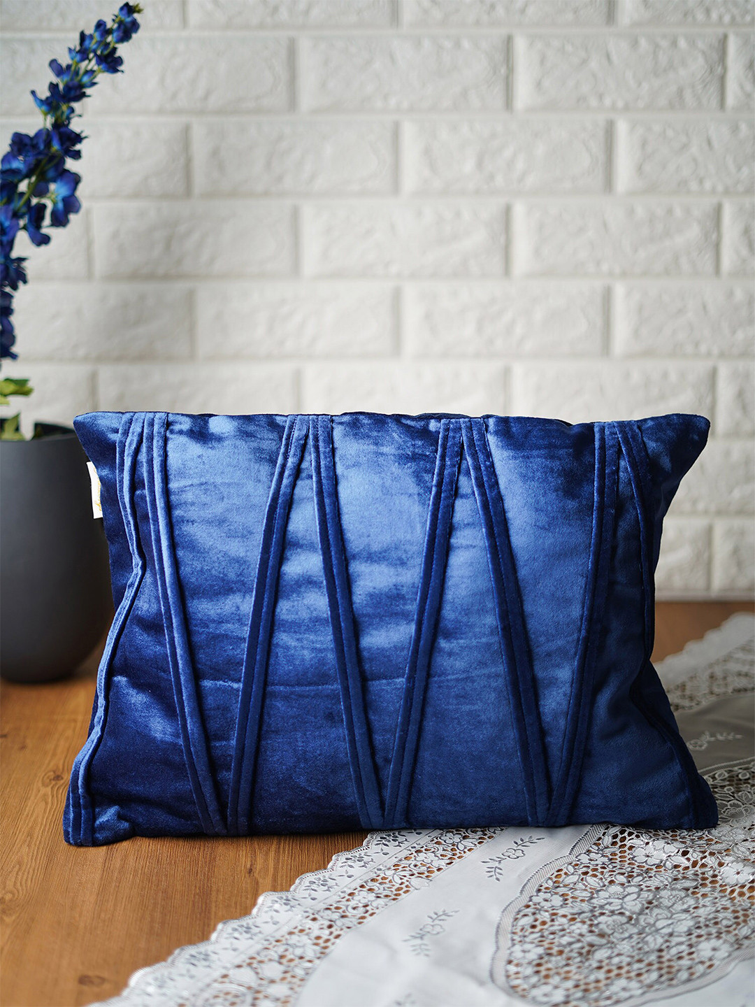 Folkstorys Blue Striped Velvet Rectangle Cushion Covers