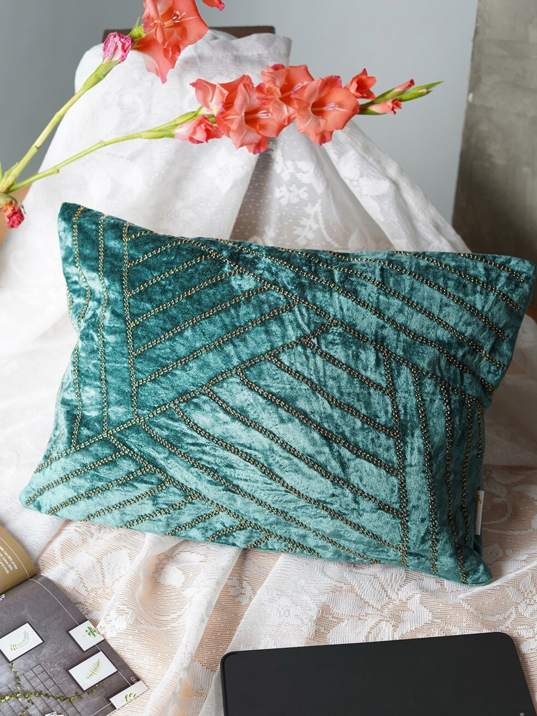 Folkstorys Green Embroidered Velvet Rectangle Cushion Covers