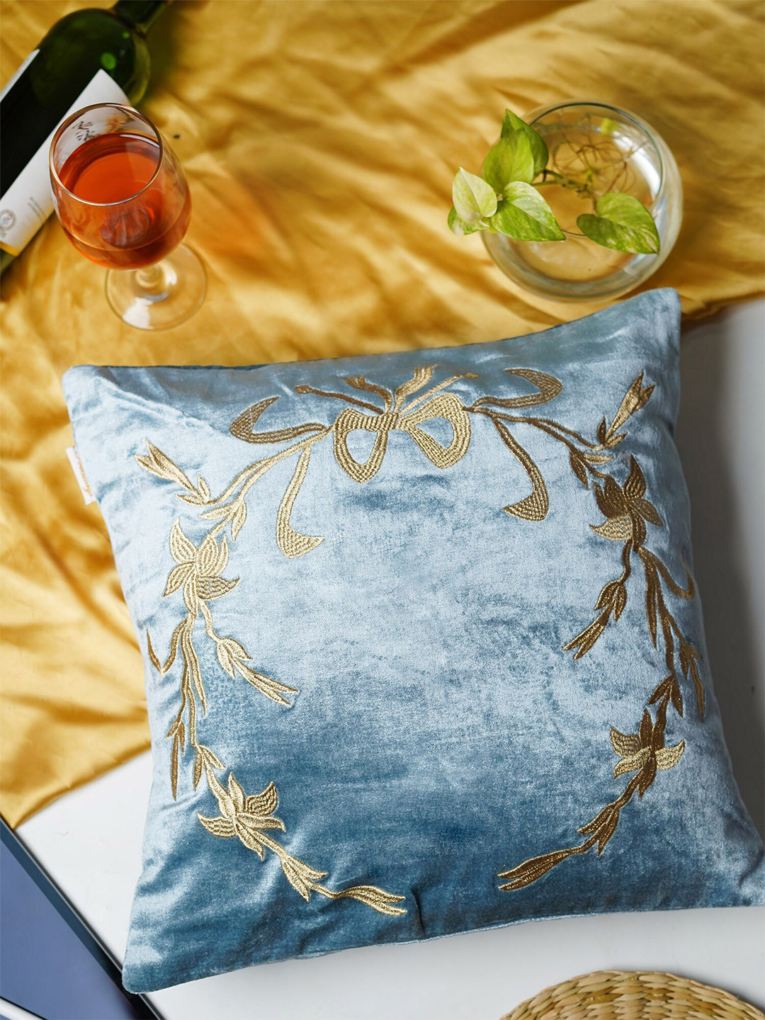 Folkstorys Floral Blue Embroidered Velvet Durable Square Cushion Cover -16x16In