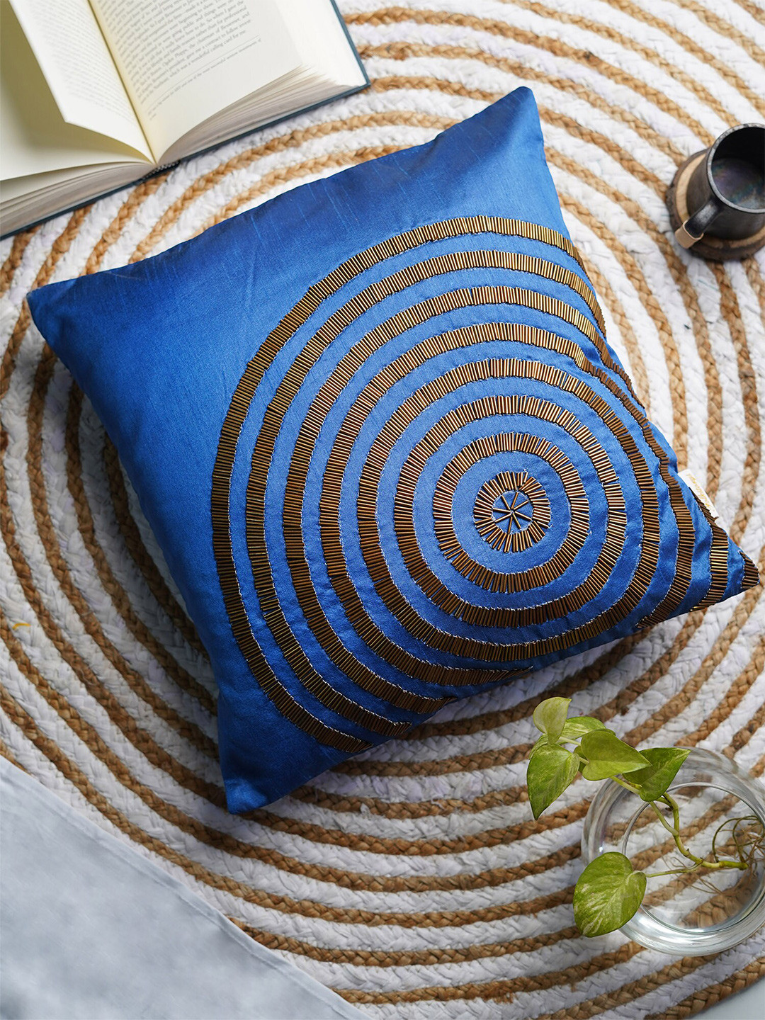 Folkstorys Blue & Gunmetal-Toned Embroidered Square Cushion Covers