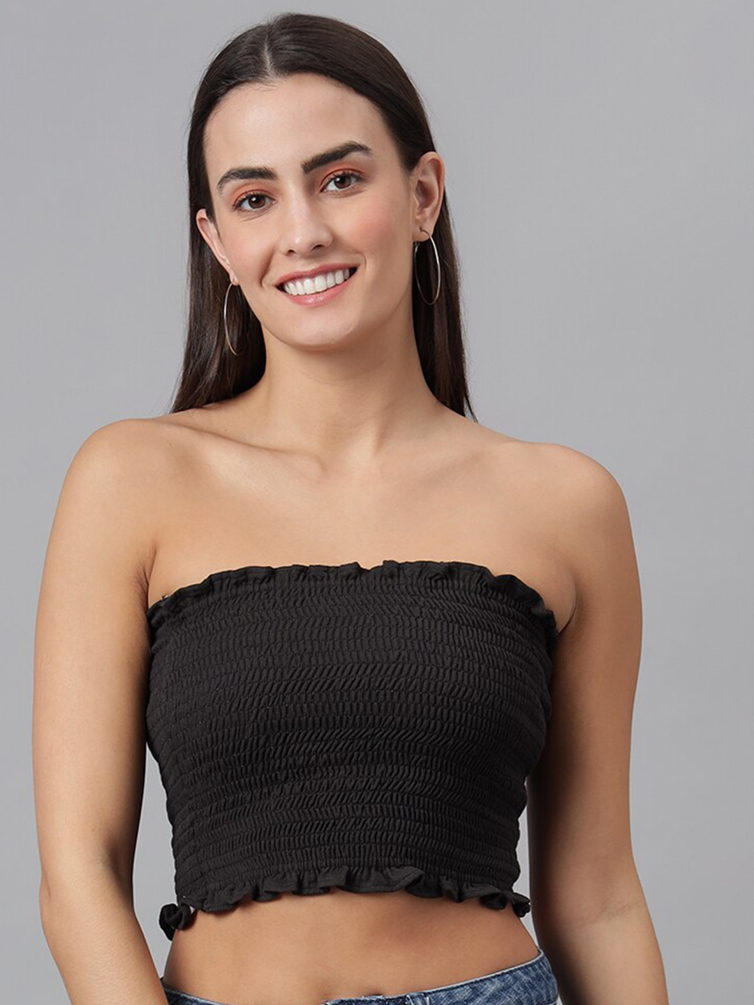 FINSBURY LONDON Black Smocked Tube Crop Top