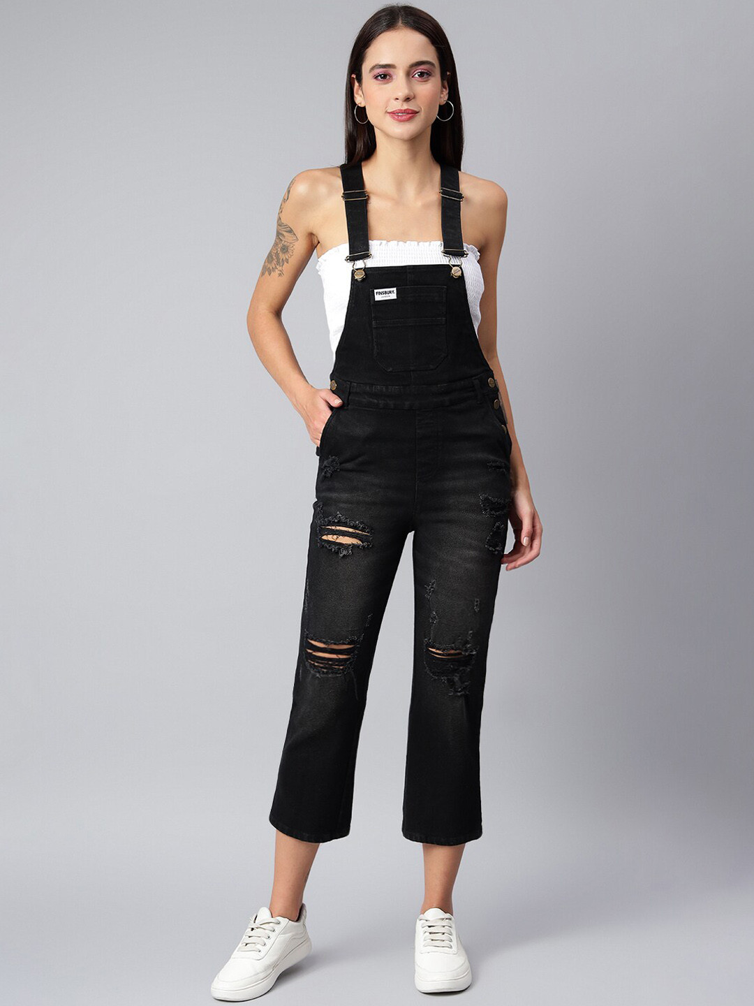 FINSBURY LONDON Women Black Ripped Cotton Straight-Leg Denim Dungaree