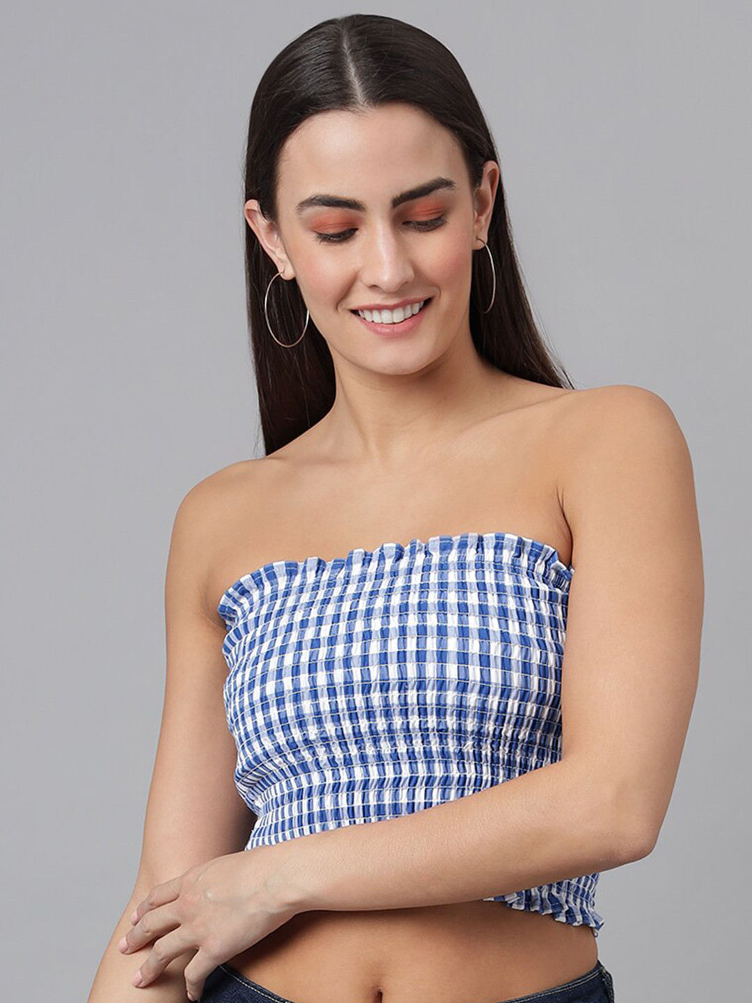 FINSBURY LONDON Blue Checked Smocked Tube Crop Top