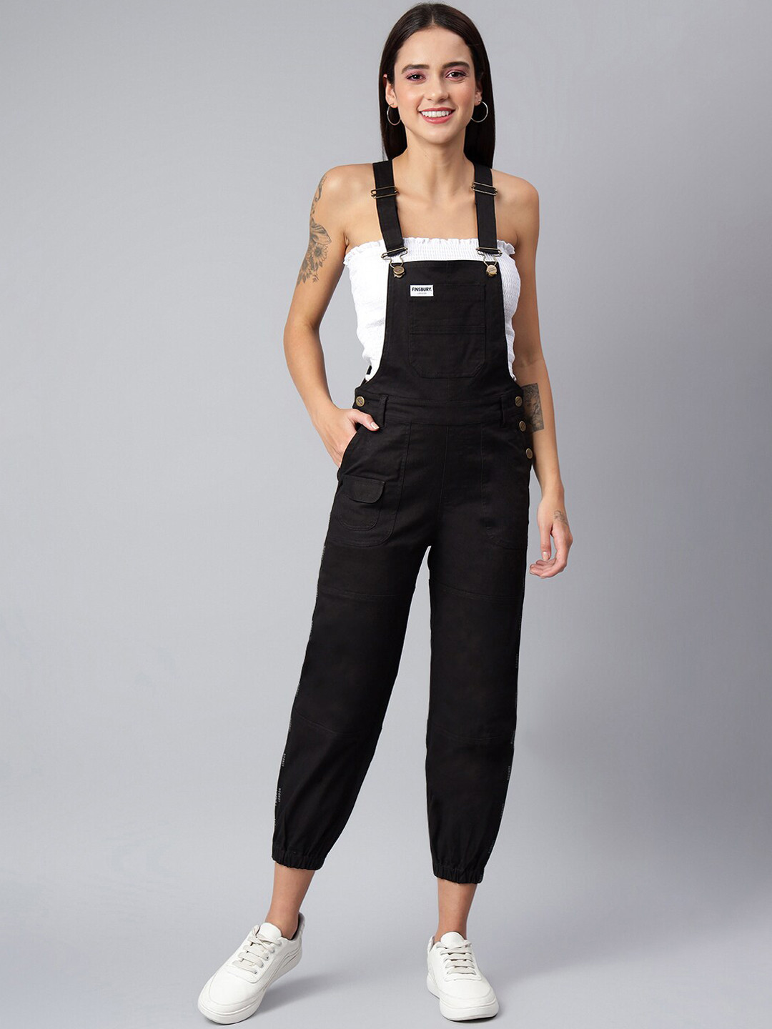 FINSBURY LONDON Women Black Solid Cotton Dungarees