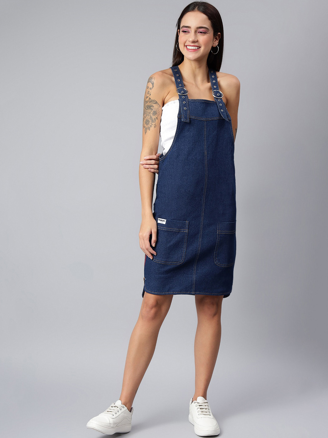 FINSBURY LONDON Women Blue Solid Shoulder Strap Pinafore Dress