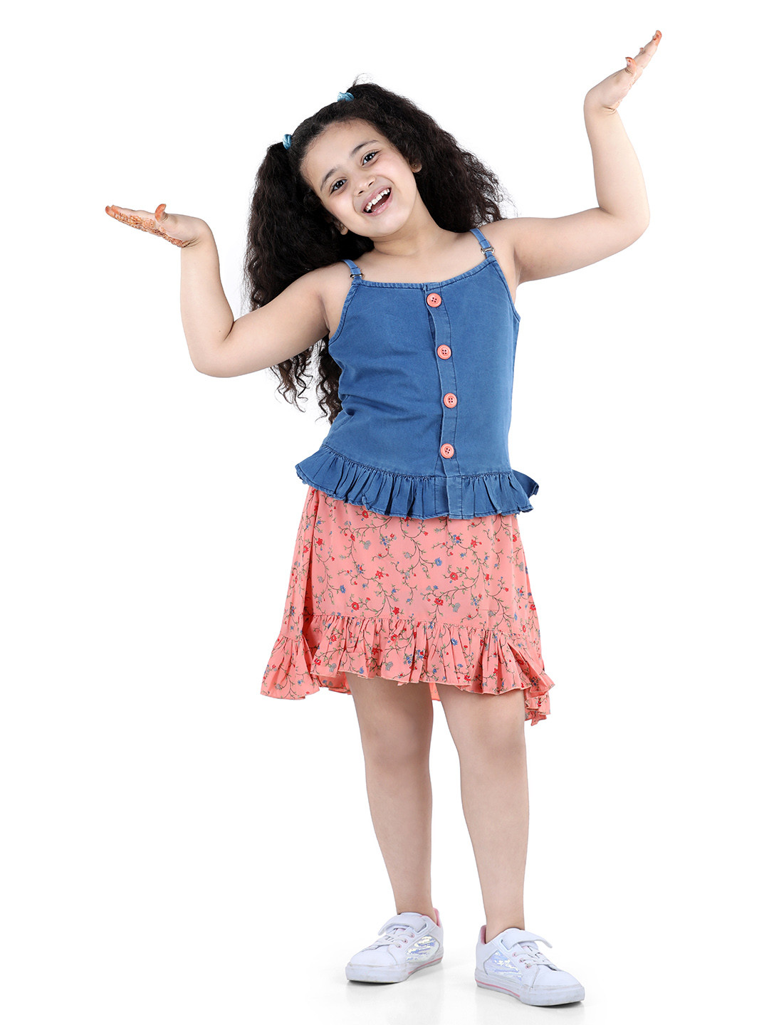 ADIVA Girls Peach-Coloured & Blue Top with Skirt