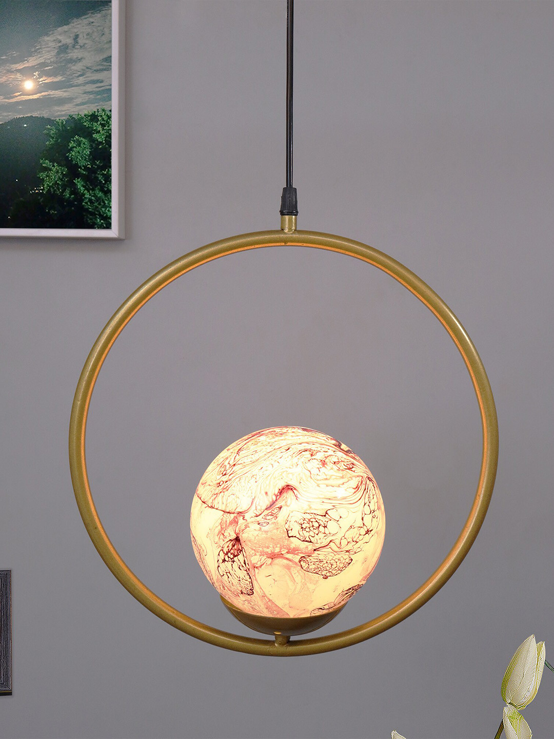 Homesake Red & Gold-Toned Round Planet Series Frosted Glass Globe Ceiling Lamp
