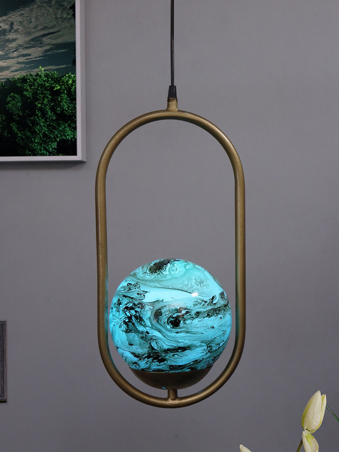 Homesake Gold-Toned & Blue Oval Planet Series Frosted Glass Ceiling Lamp
