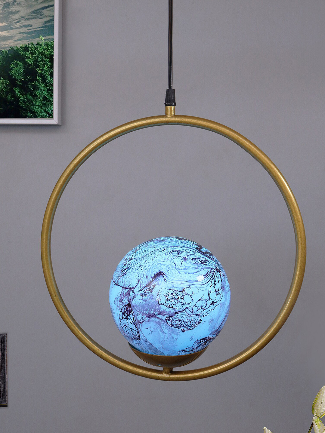 Homesake Gold-Toned & Blue Round Planet Series Frosted Glass Globe Lampshade Ceiling Lamp