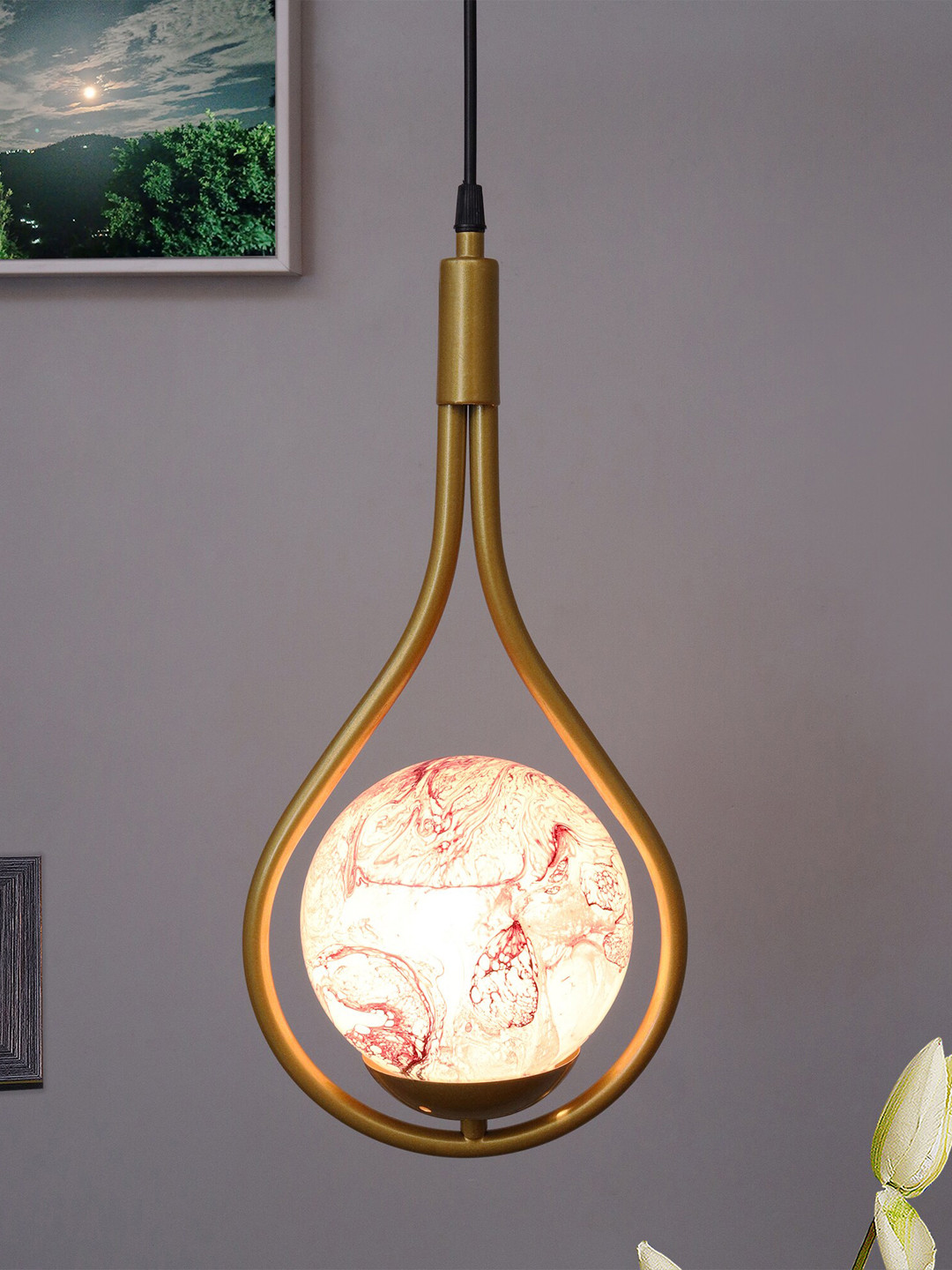 Homesake Gold-Toned & Red Water Drop Planet Series Frosted Glass Ceiling Lamp