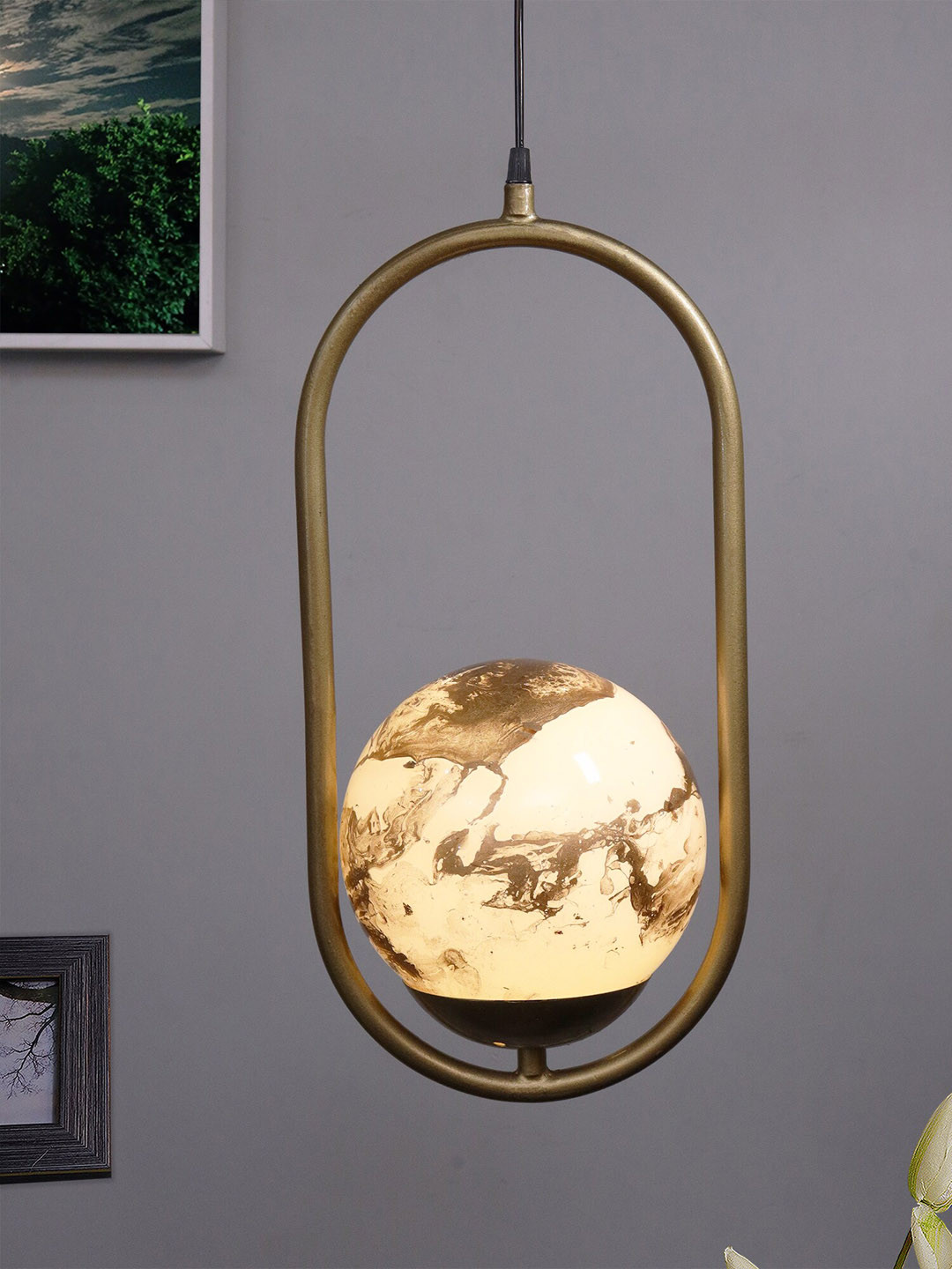 Homesake Gold-Toned & Yellow Oval Planet Series Frosted Glass Globe Lampshade Ceiling Lamp