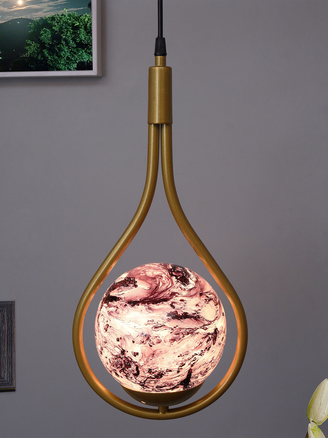 Homesake Gold-Toned & Brown Water Drop Planet Series Frosted Glass Ceiling Lamp