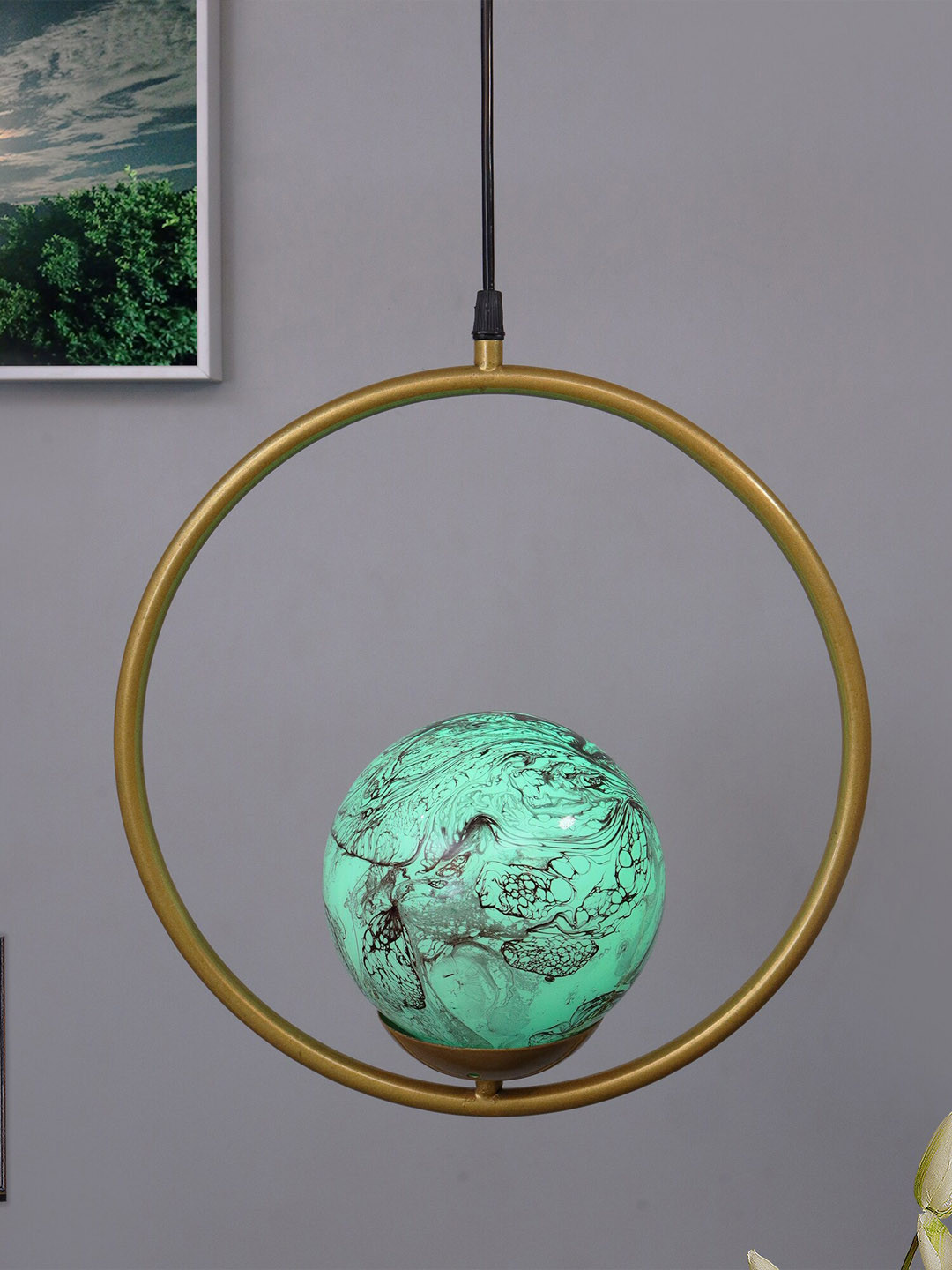 Homesake Gold-Toned & Green Round Planet Series Frosted Glass Globe Lampshade Ceiling Lamp