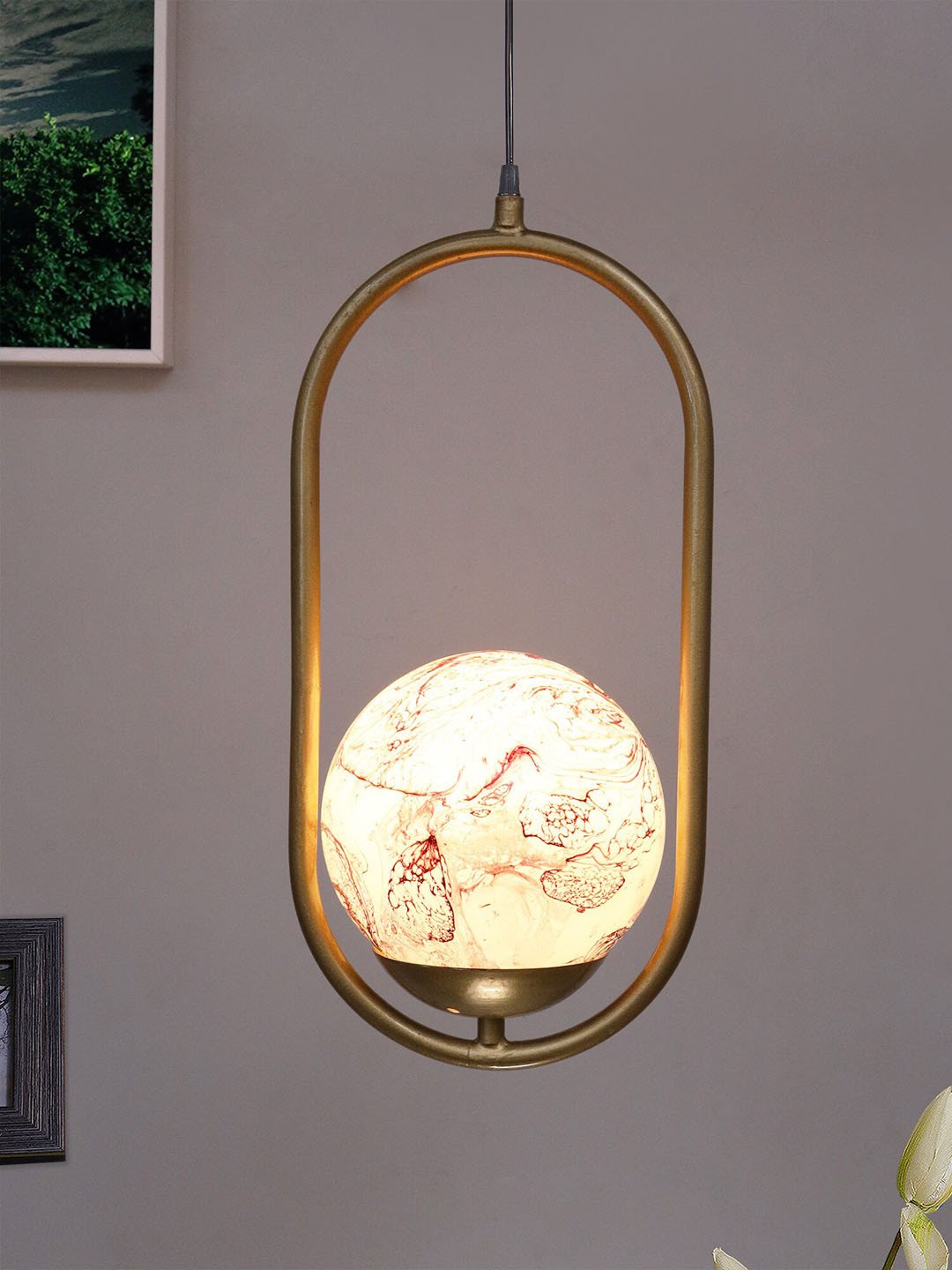Homesake Gold-Toned & Red Oval Planet Series Frosted Glass Globe Lampshade Ceiling Lamp