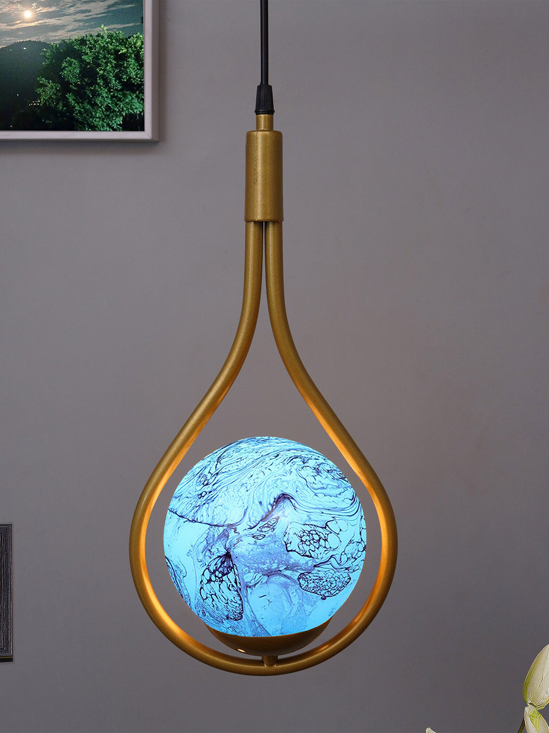 Homesake Gold-Toned & Blue Water Drop Planet Series Frosted Glass Ceiling Lamp
