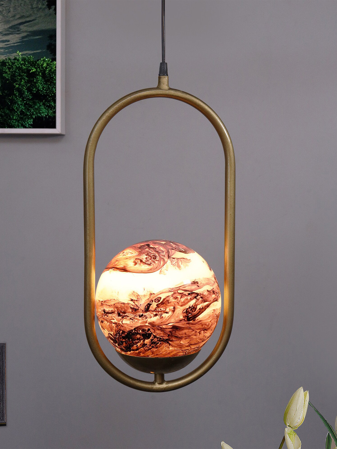 Homesake Gold-Toned & Brown Oval Planet Series Frosted Glass Globe Lampshade Ceiling Lamp