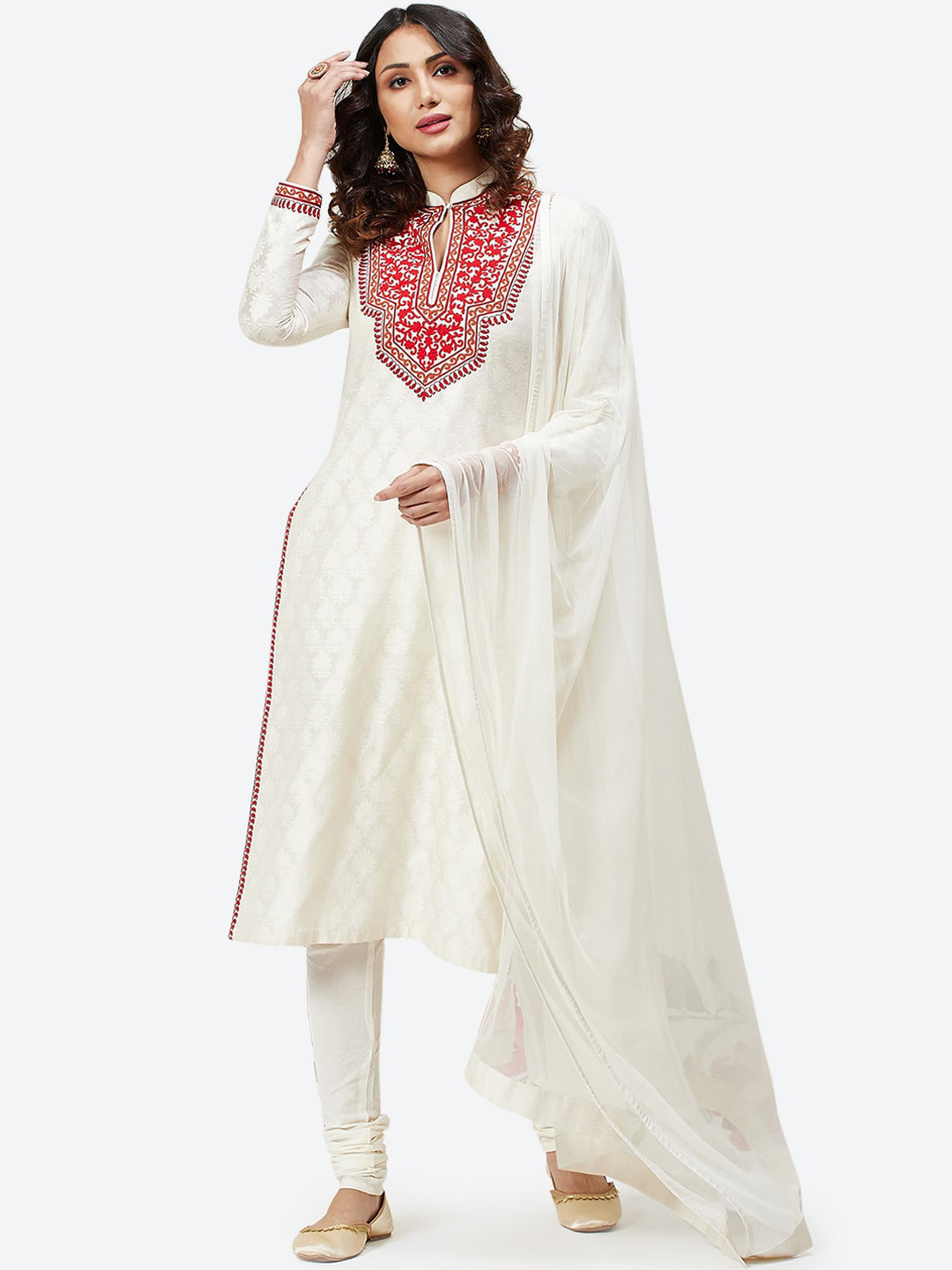 Biba by Rohit Bal by Rohit Bal Off White & Red Floral Embroidered Regular Kurta With Churidar & Dupatta