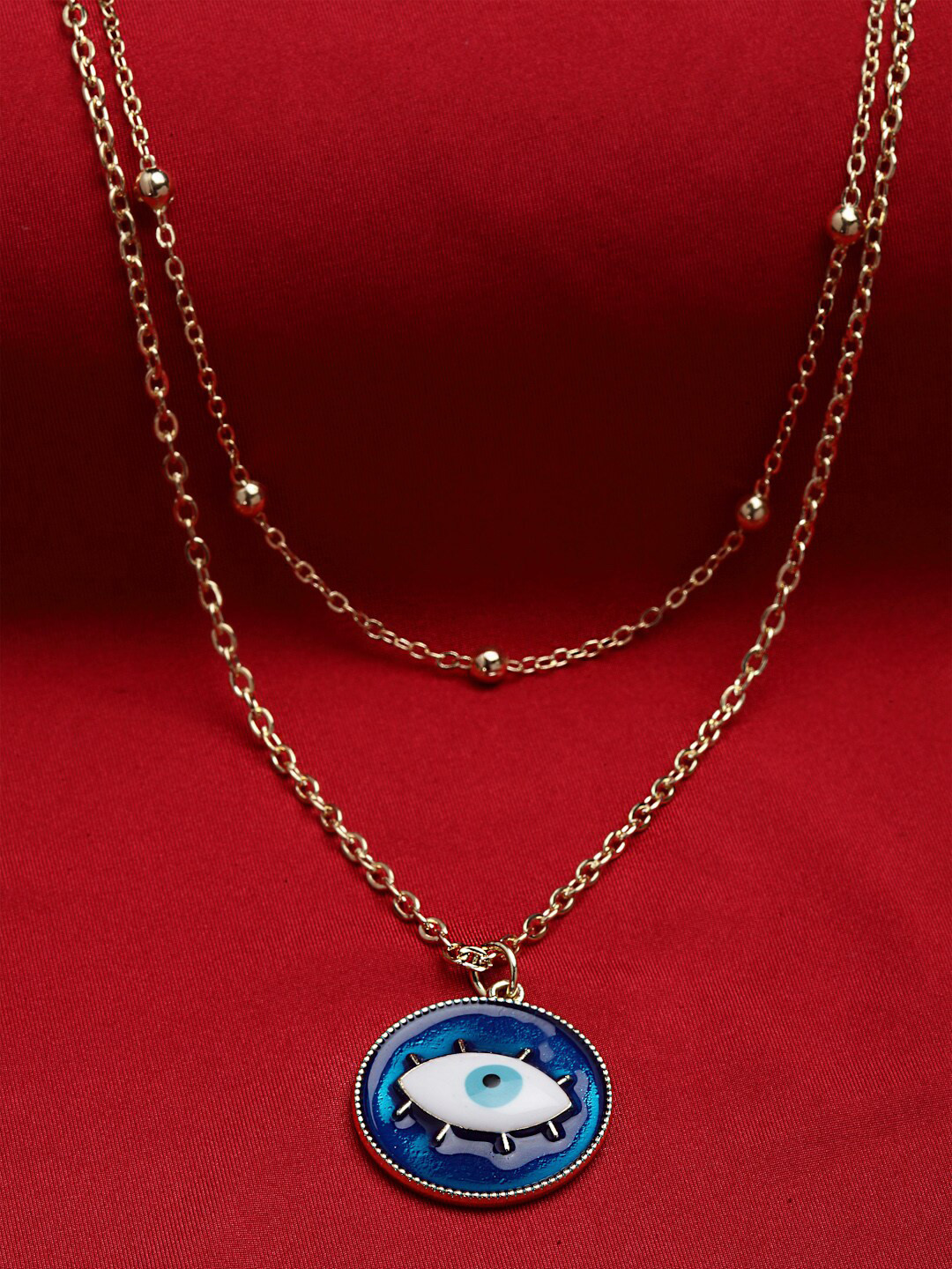 VOGUE PANASH Gold-Plated Teal Blue & White Enamelled Evil Eye Pendant With Chain