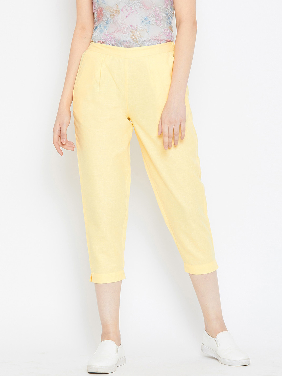 Bitterlime Women Yellow Textured Relaxed Pleated Trousers